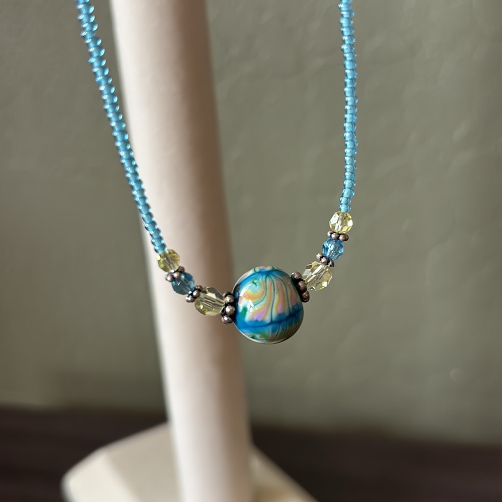 Lampwork Glass Bead Necklace with Swarovski Crystal Accents Handmade